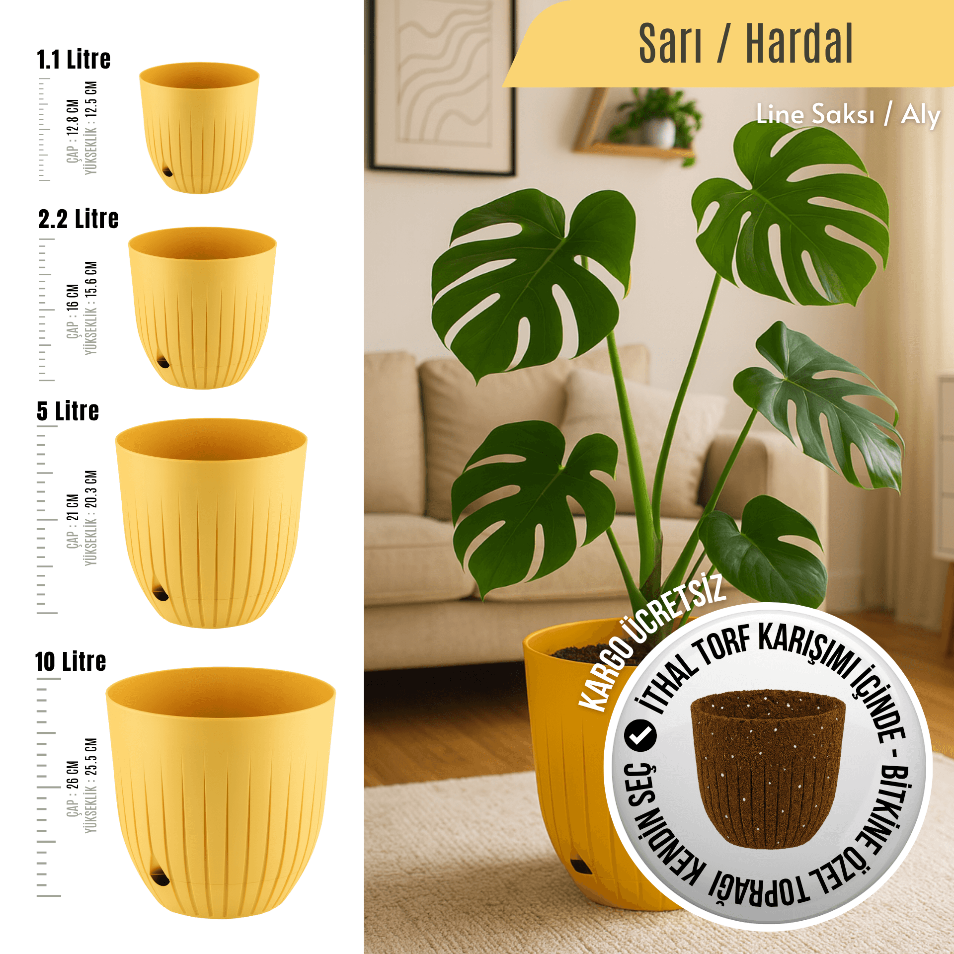 Line Tabaklı Bitki Saksısı | Sarı Hardal (4 Boy Seçenekli) | İthal Torf Dahil